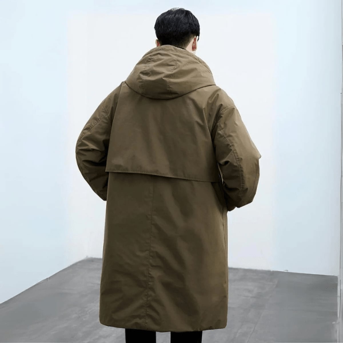 men's hooded longline trench coat in olive green