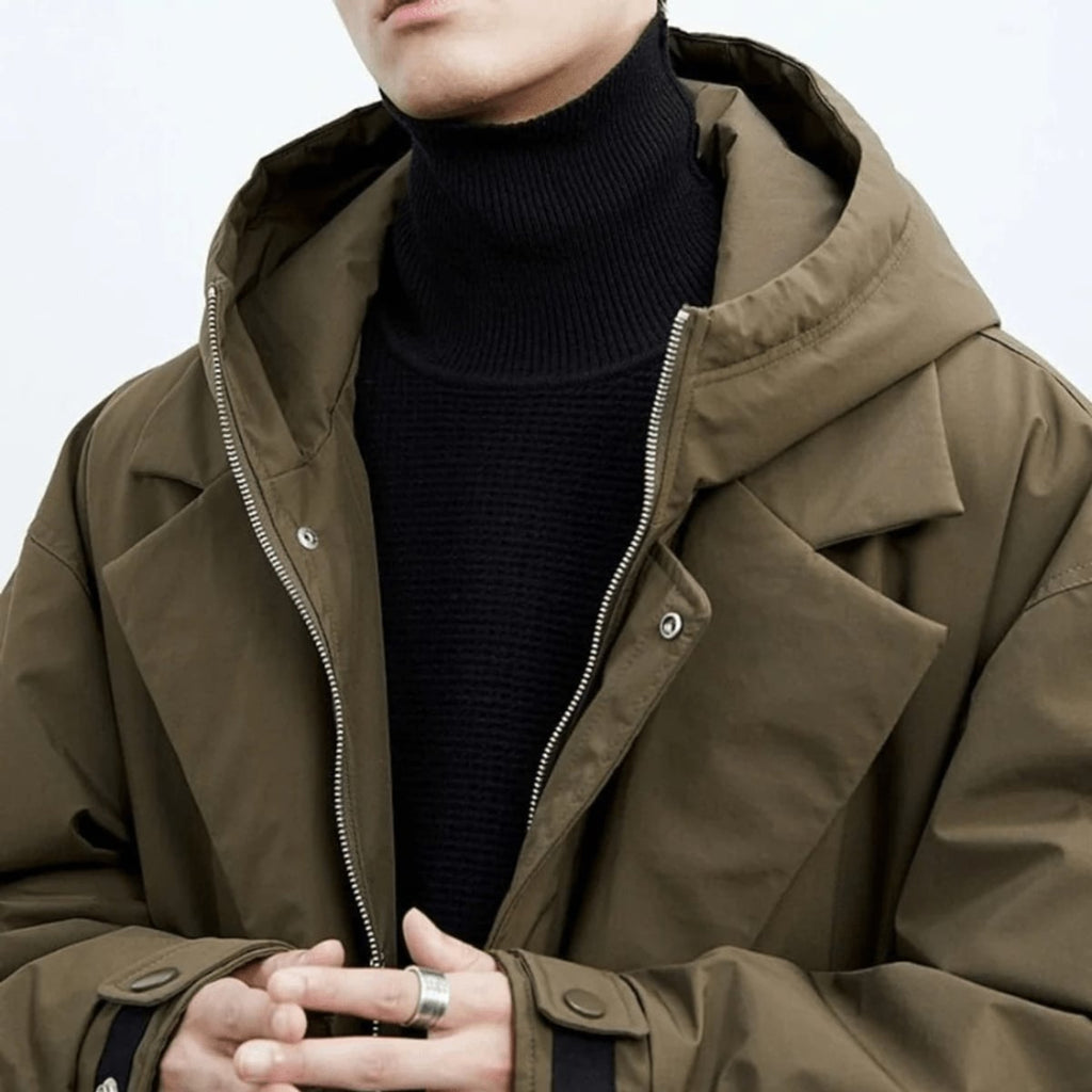 men's hooded longline trench coat in olive green