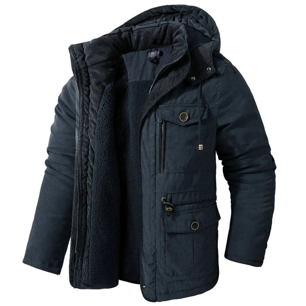 men's hooded parka jacket in navy blue