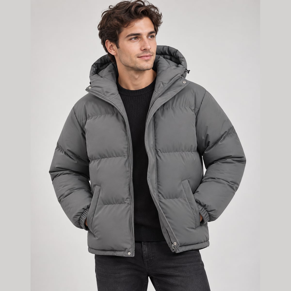 men's hooded puffer jacket in dark gray