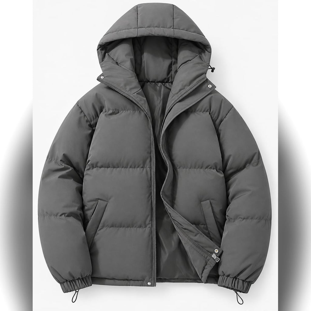 men's hooded puffer jacket in dark gray