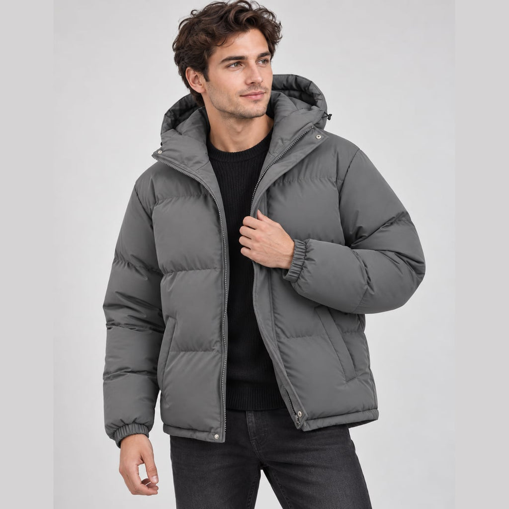 men's hooded puffer jacket in gray