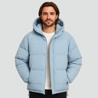 men's hooded puffer jacket in light blue