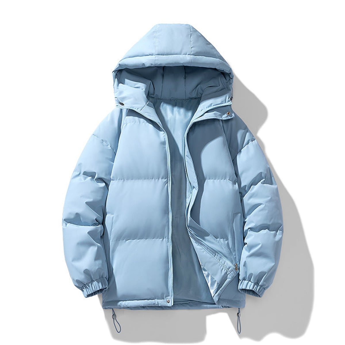 men's hooded puffer jacket in light blue