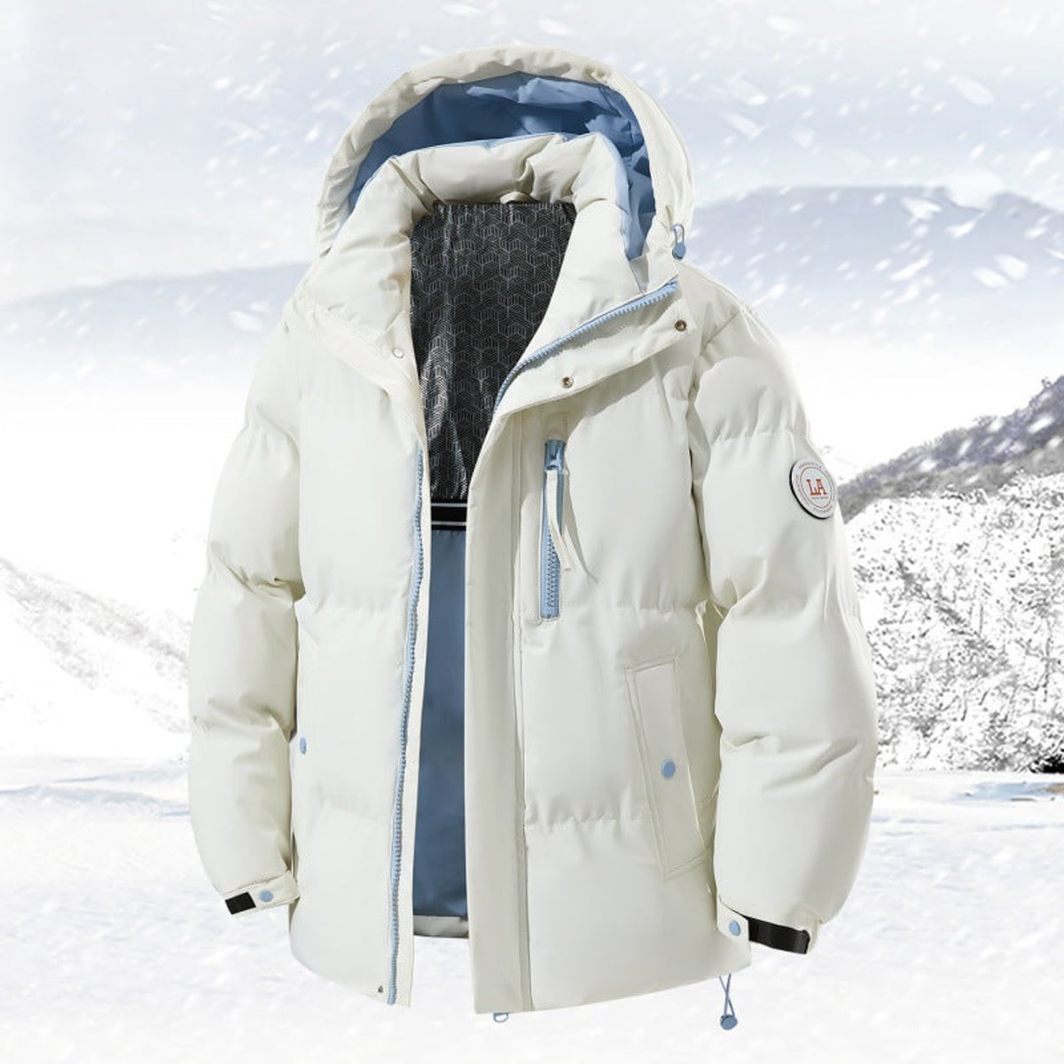 men's hooded puffer jacket with zip pockets white