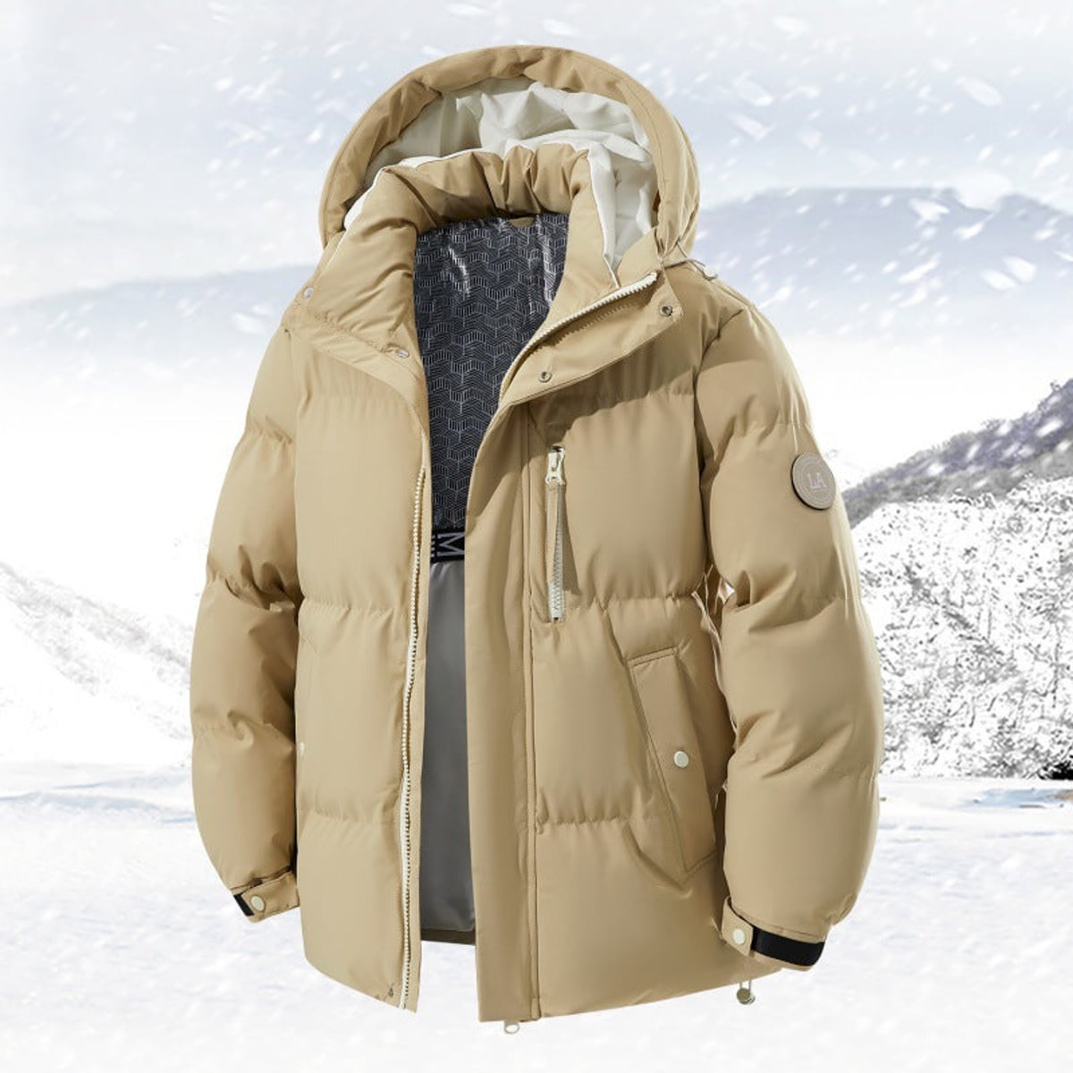 men's hooded puffer jacket with zip pockets khaki