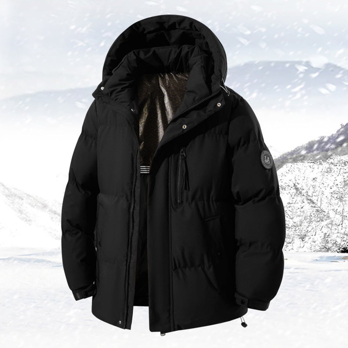 men's hooded puffer jacket with zip pockets black