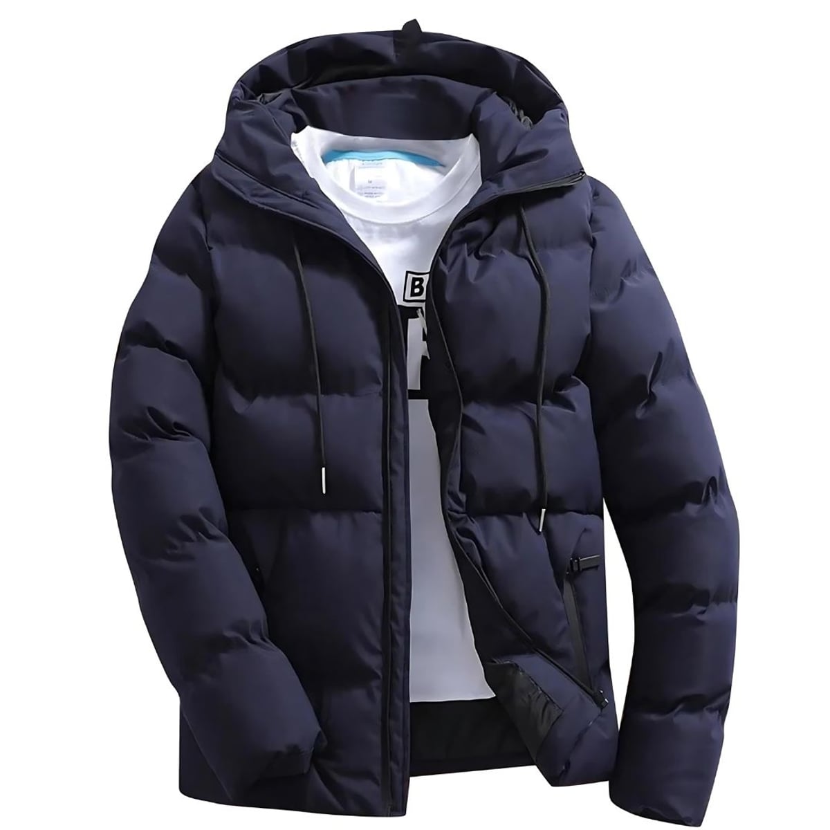 men's hooded puffer parka with hood in navy blue