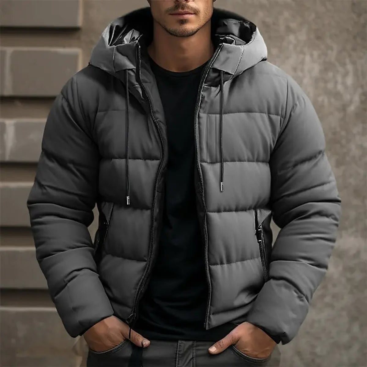 men's hooded slim puffer jacket in gray