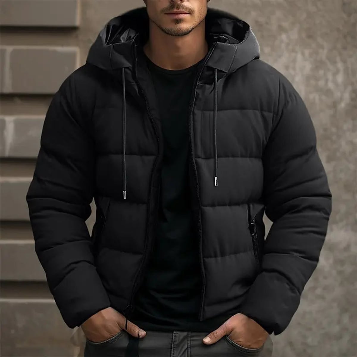 men's hooded slim puffer jacket in black