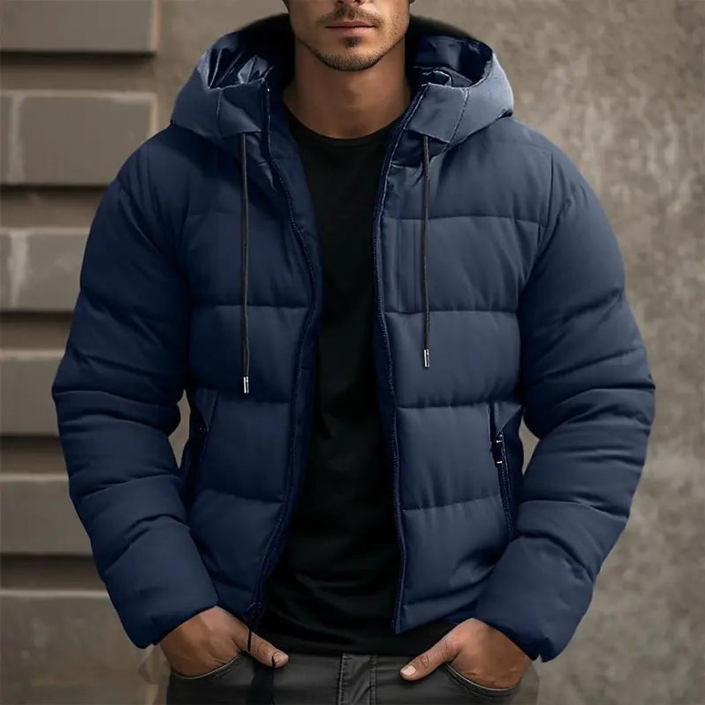 men's hooded slim puffer jacket in dark blue
