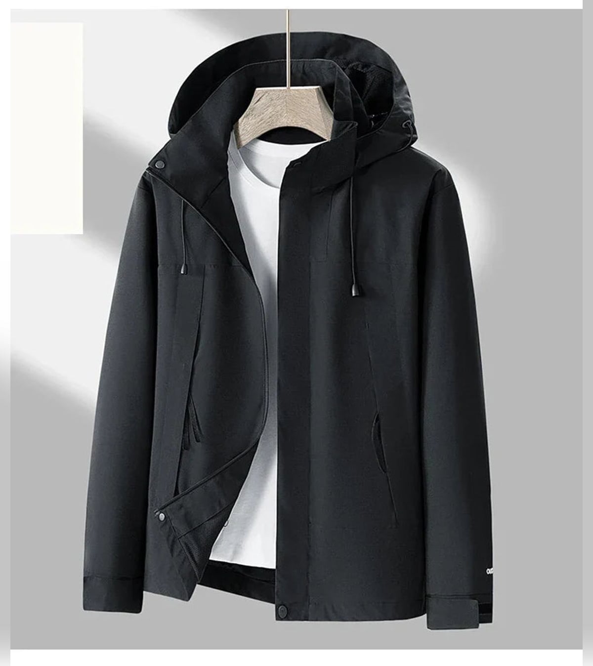 men's hooded zip-up light outdoor jacket in black