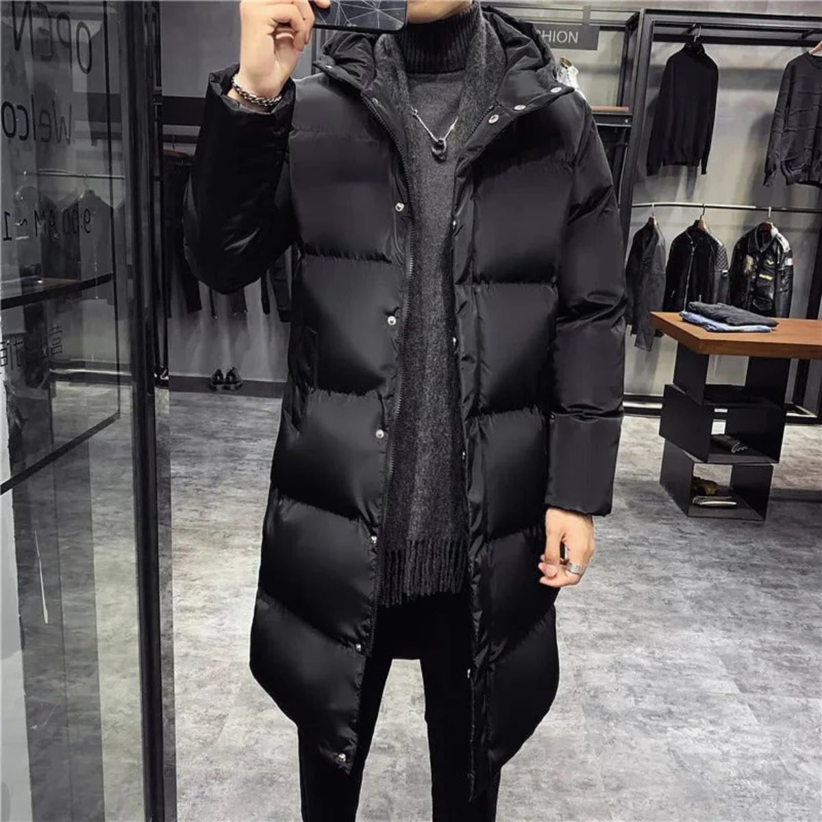 men's insulated puffer jacket in black hood