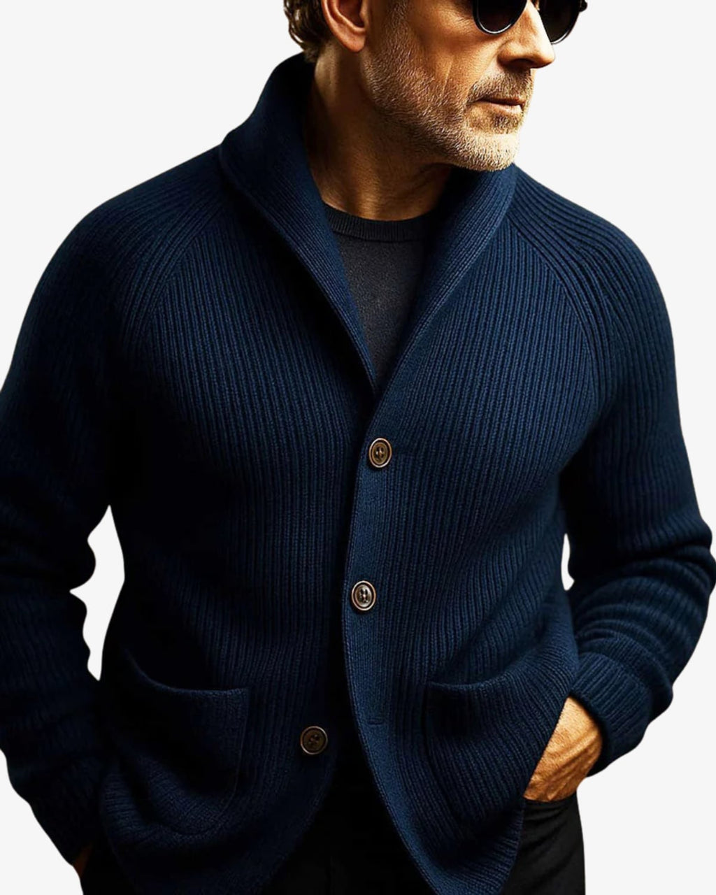 men's knit cardigan sweater with button front in navy