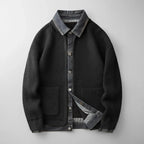 men's knitted cardigan with denim collar in black