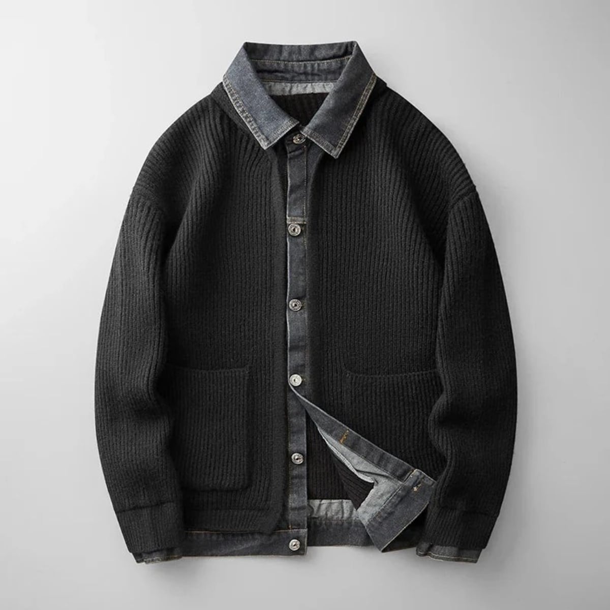 men's knitted cardigan with denim collar in black