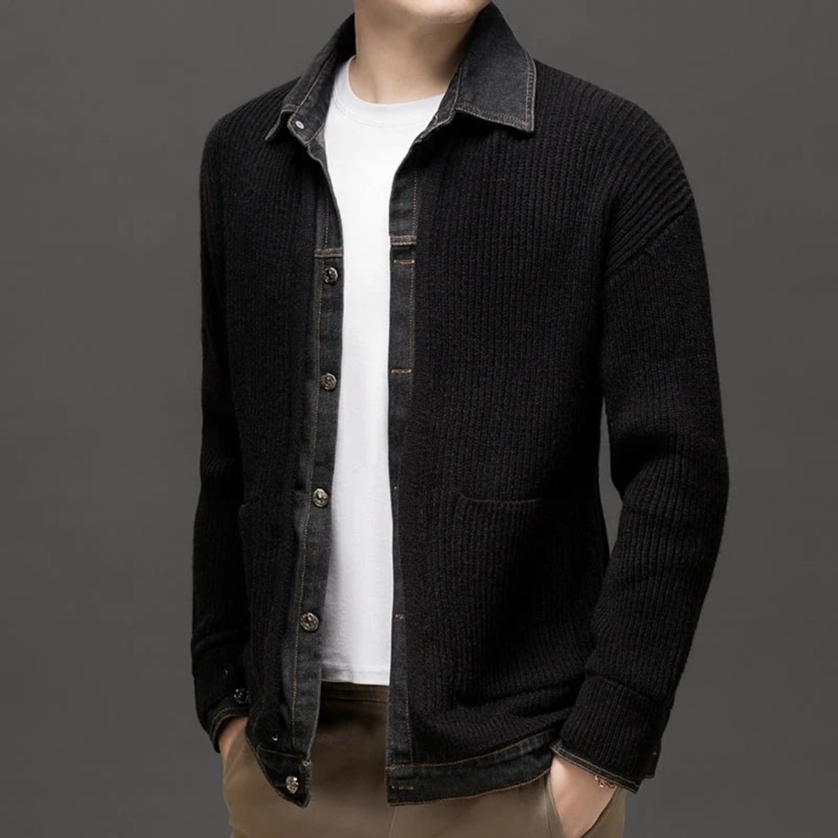men's knitted cardigan with denim collar in black