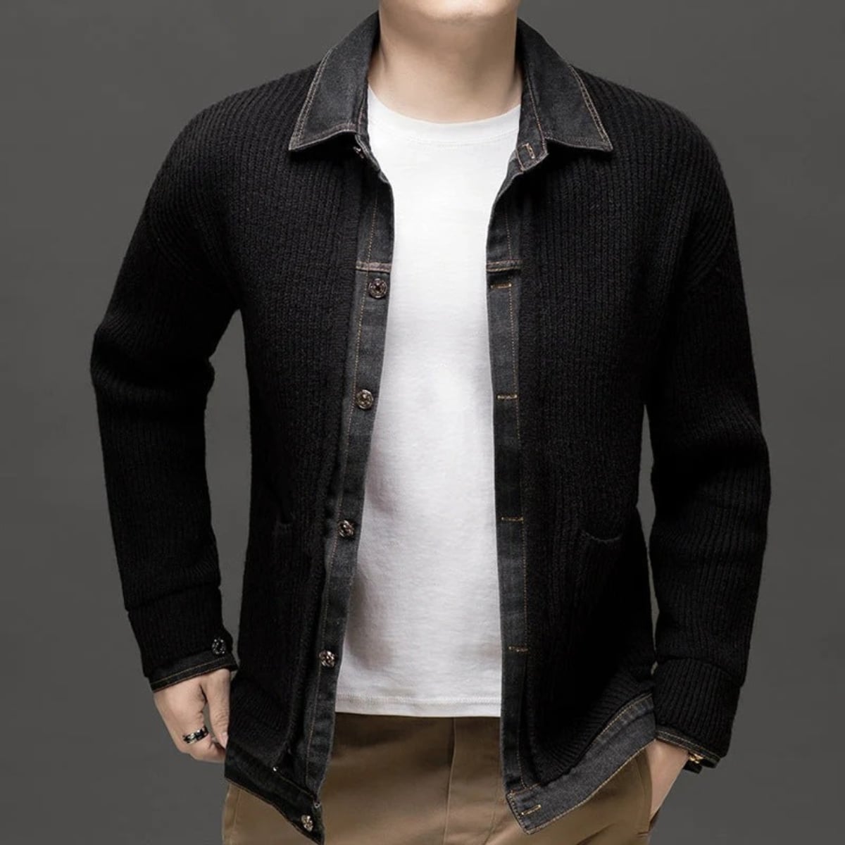 men's knitted cardigan with denim collar in black