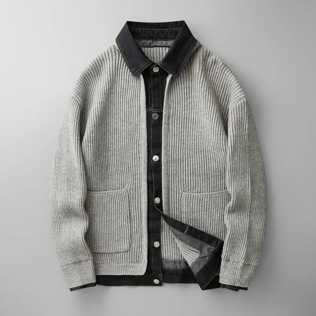 men's knitted cardigan with denim collar in gray