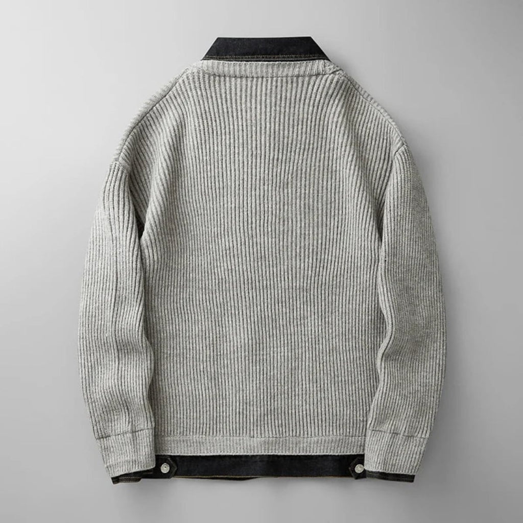 men's knitted cardigan with denim collar in gray