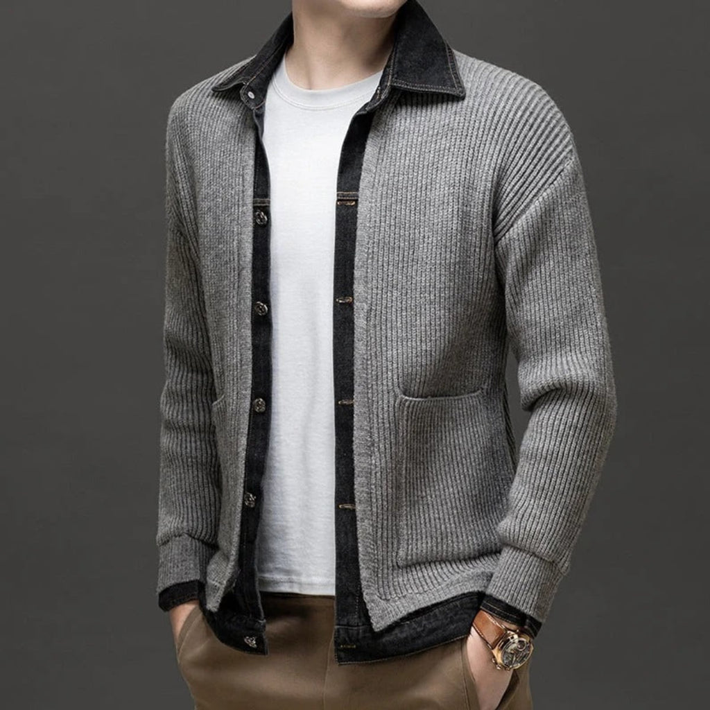 men's knitted cardigan with denim collar in dark gray