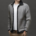 men's knitted cardigan with denim collar in dark gray