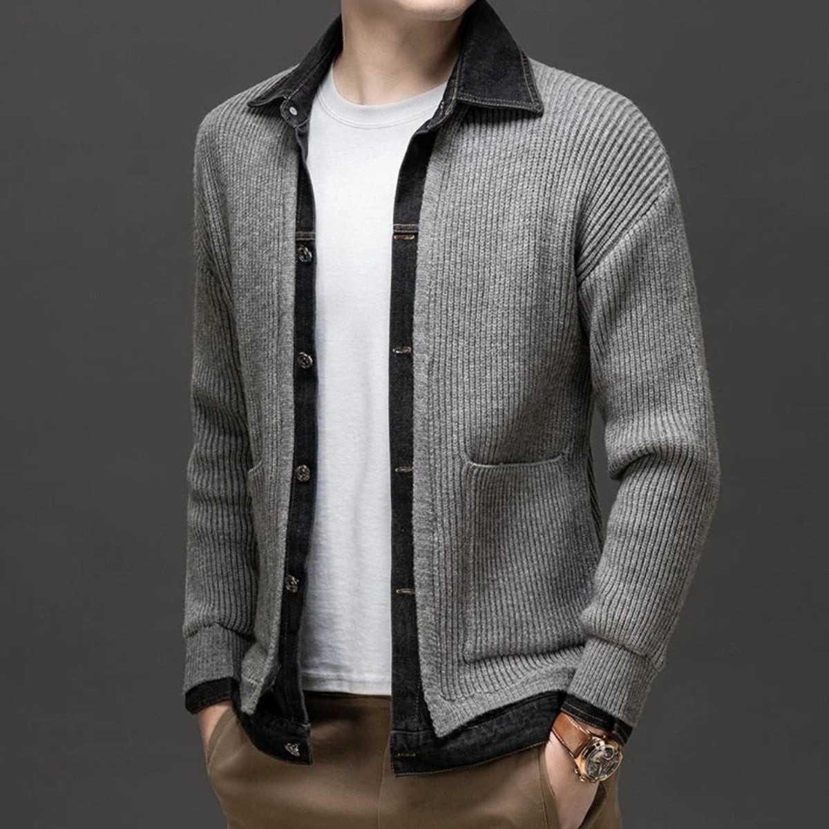 men's knitted cardigan with denim collar in dark gray