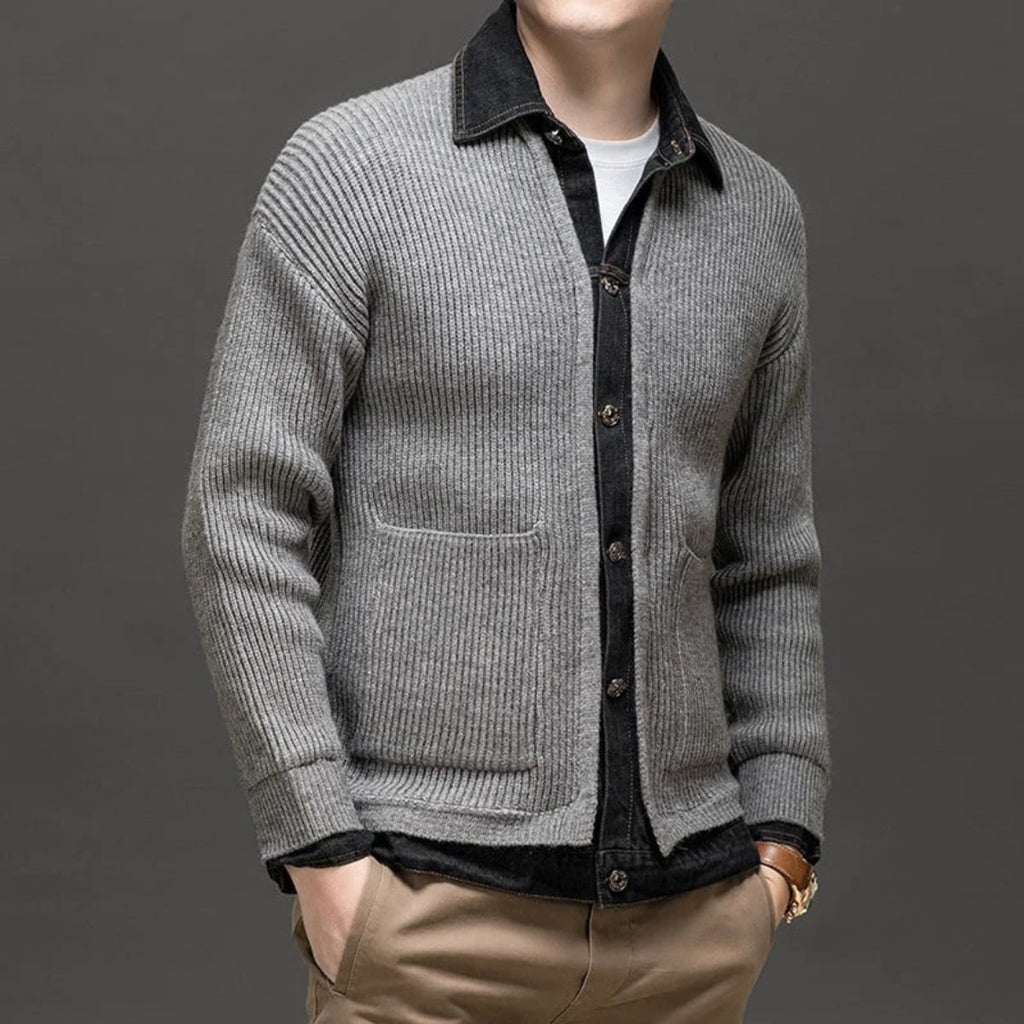 men's knitted cardigan with denim collar in gray