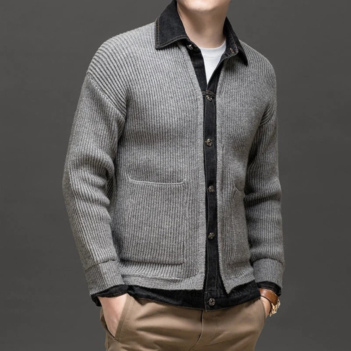 men's knitted cardigan with denim collar in gray