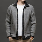 men's knitted cardigan with denim collar in gray