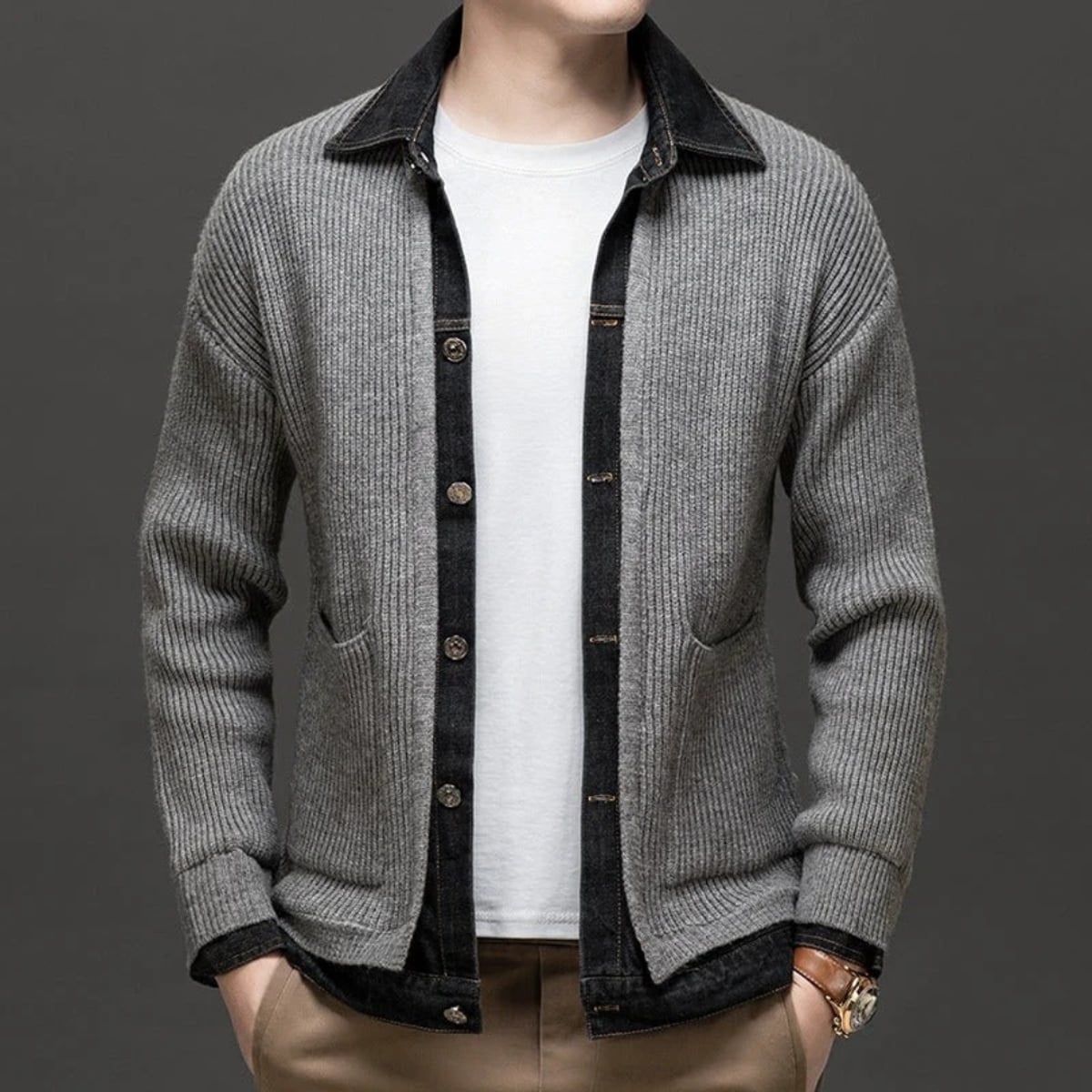 men's knitted cardigan with denim collar in gray