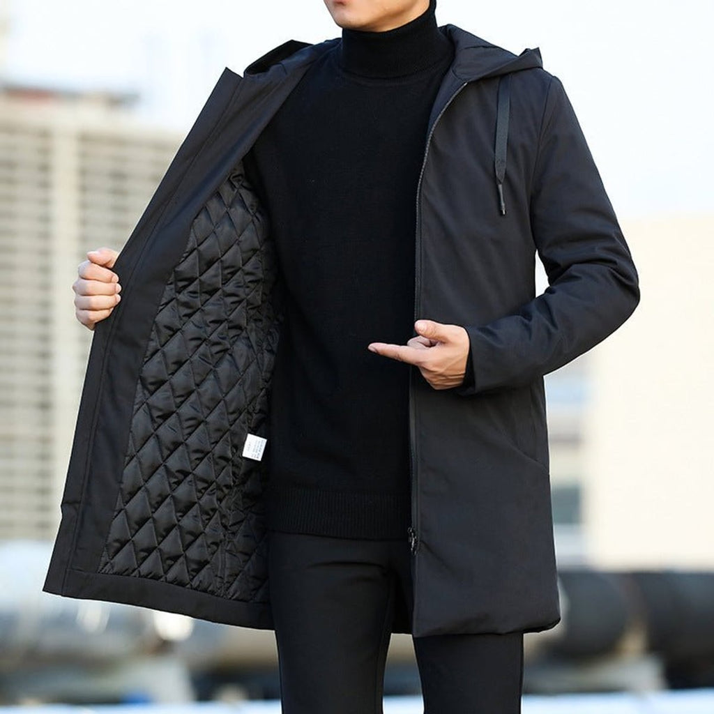 men's long hooded winter coat in black