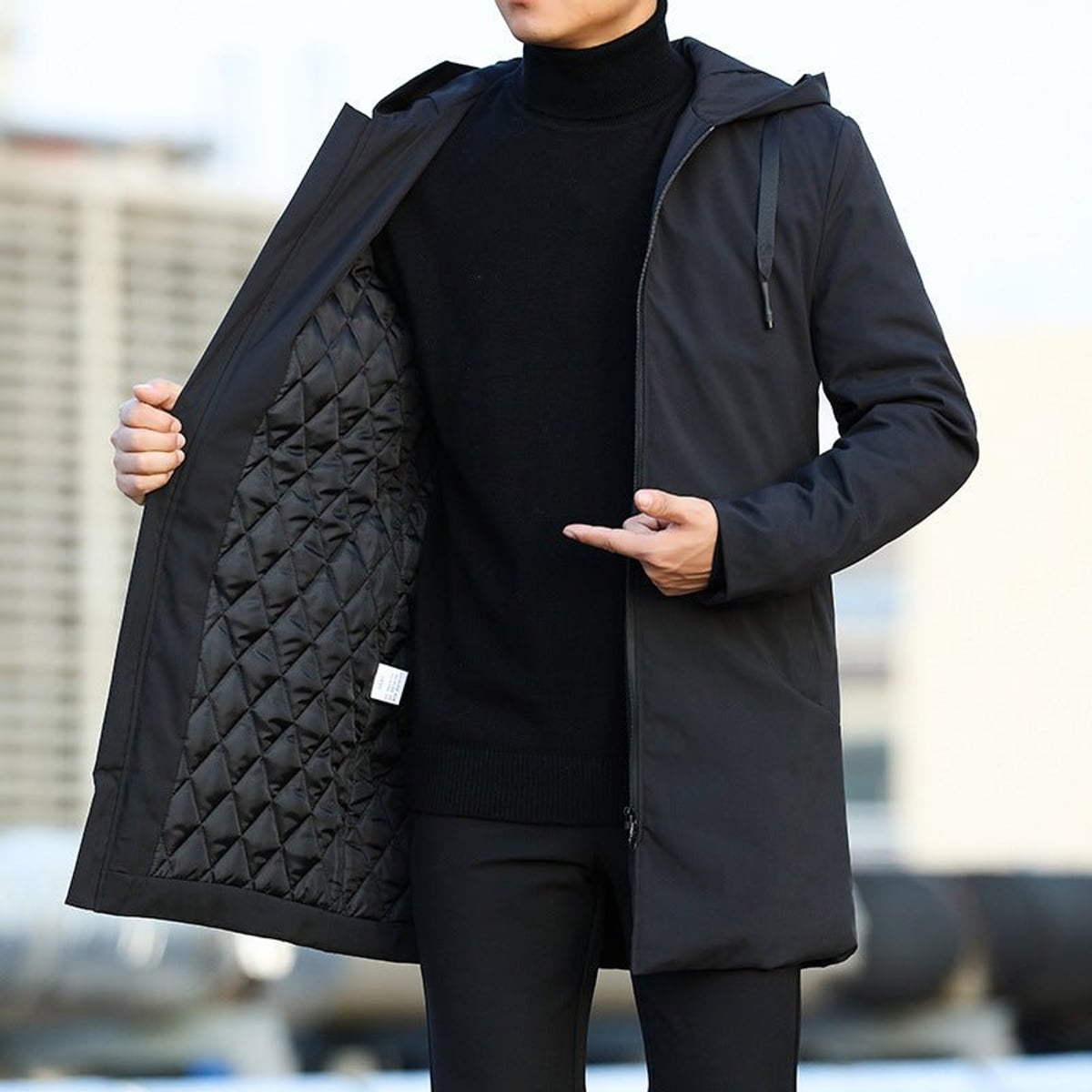 men's long hooded winter coat in black