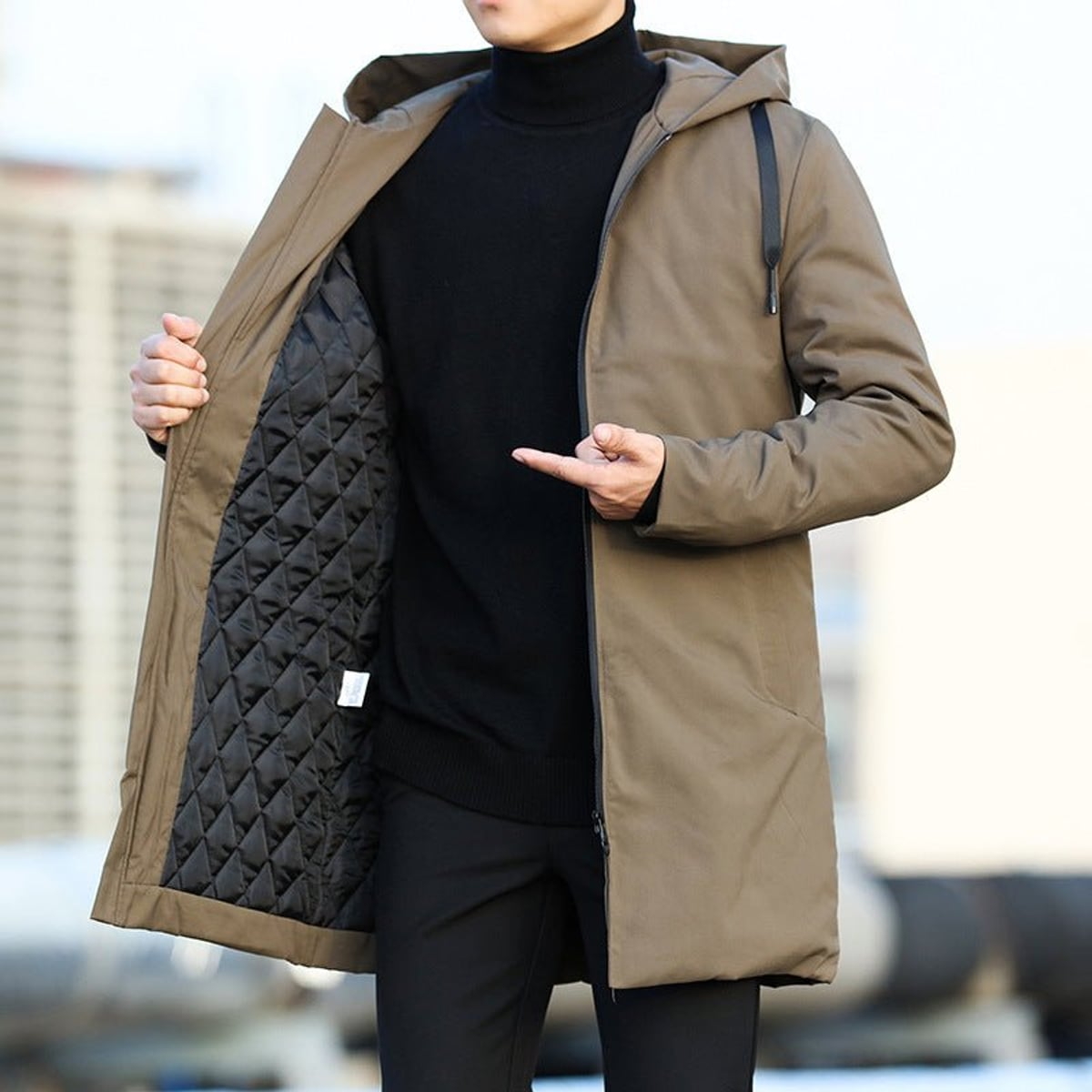 men's long hooded winter coat in khaki
