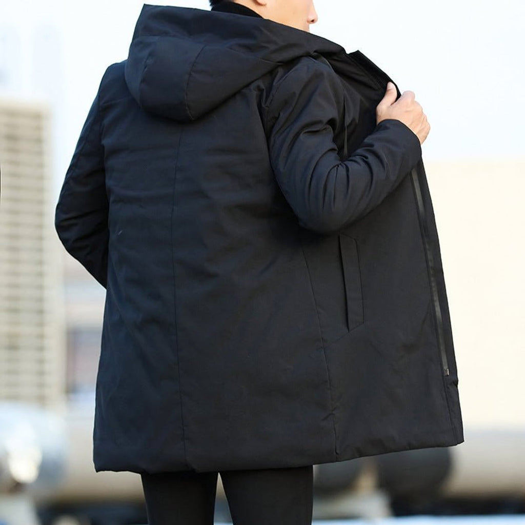 men's long hooded winter coat in black