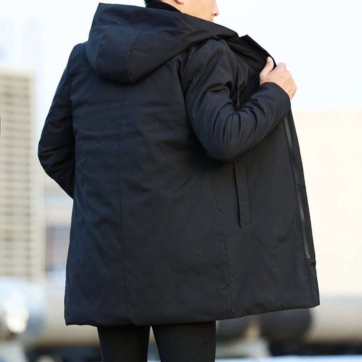 men's long hooded winter coat in black