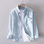 men's long sleeve button-up denim shirt in light blue