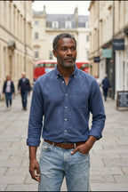 men's long sleeve button-up shirt in blue