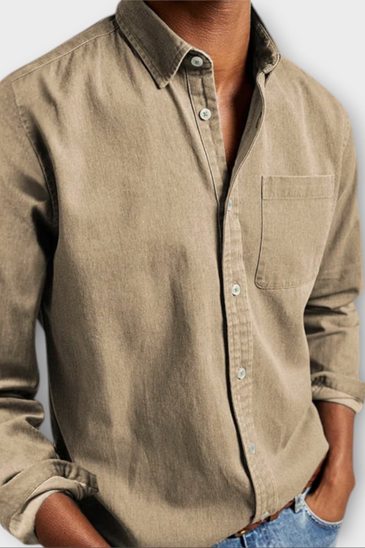 men's long sleeve button-up shirt in beige