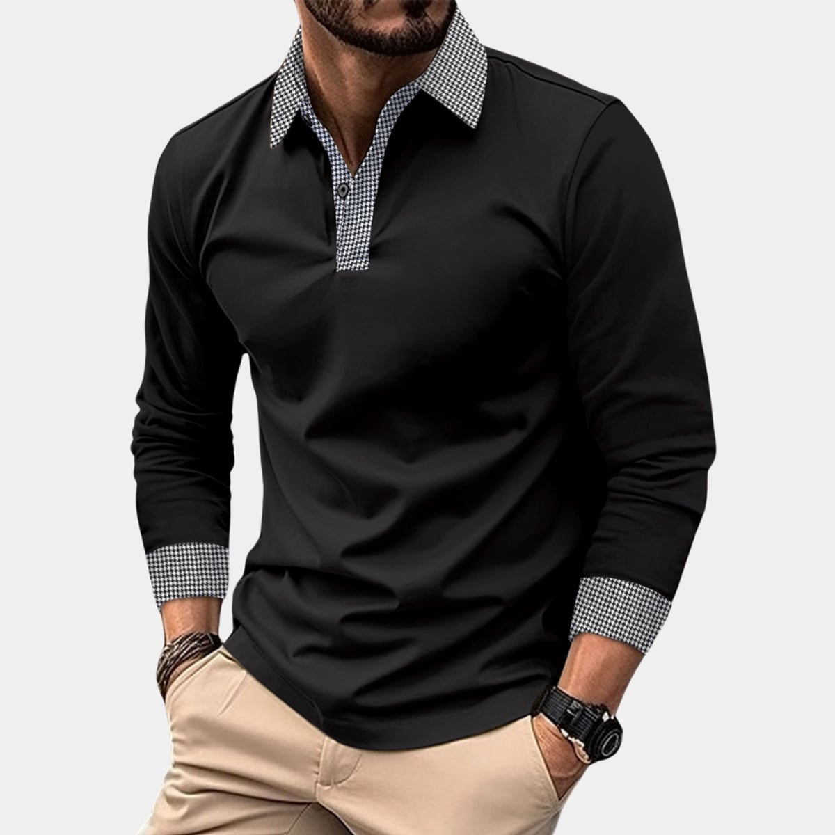 men's long sleeve casual polo shirt in black