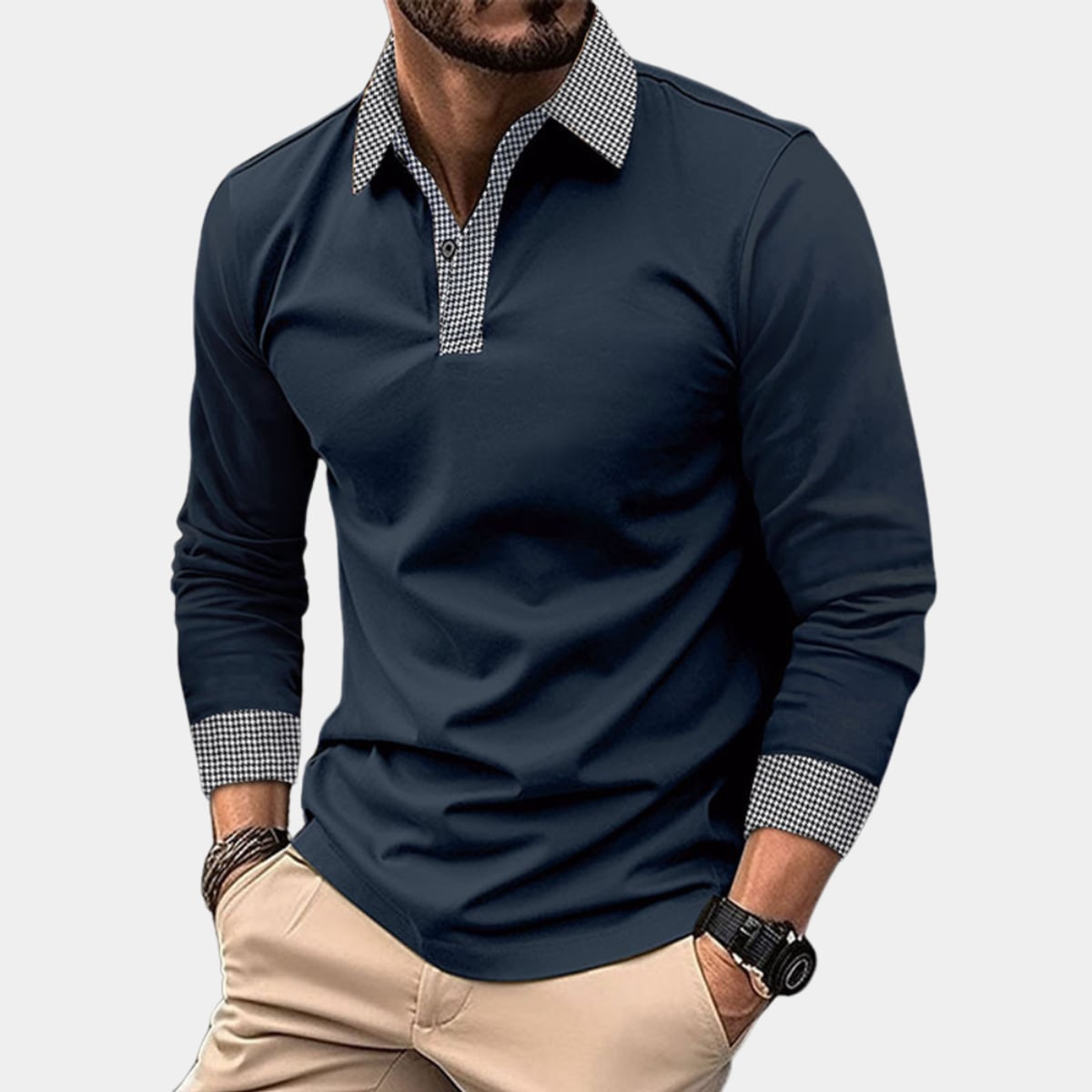 men's long sleeve casual polo shirt in navy