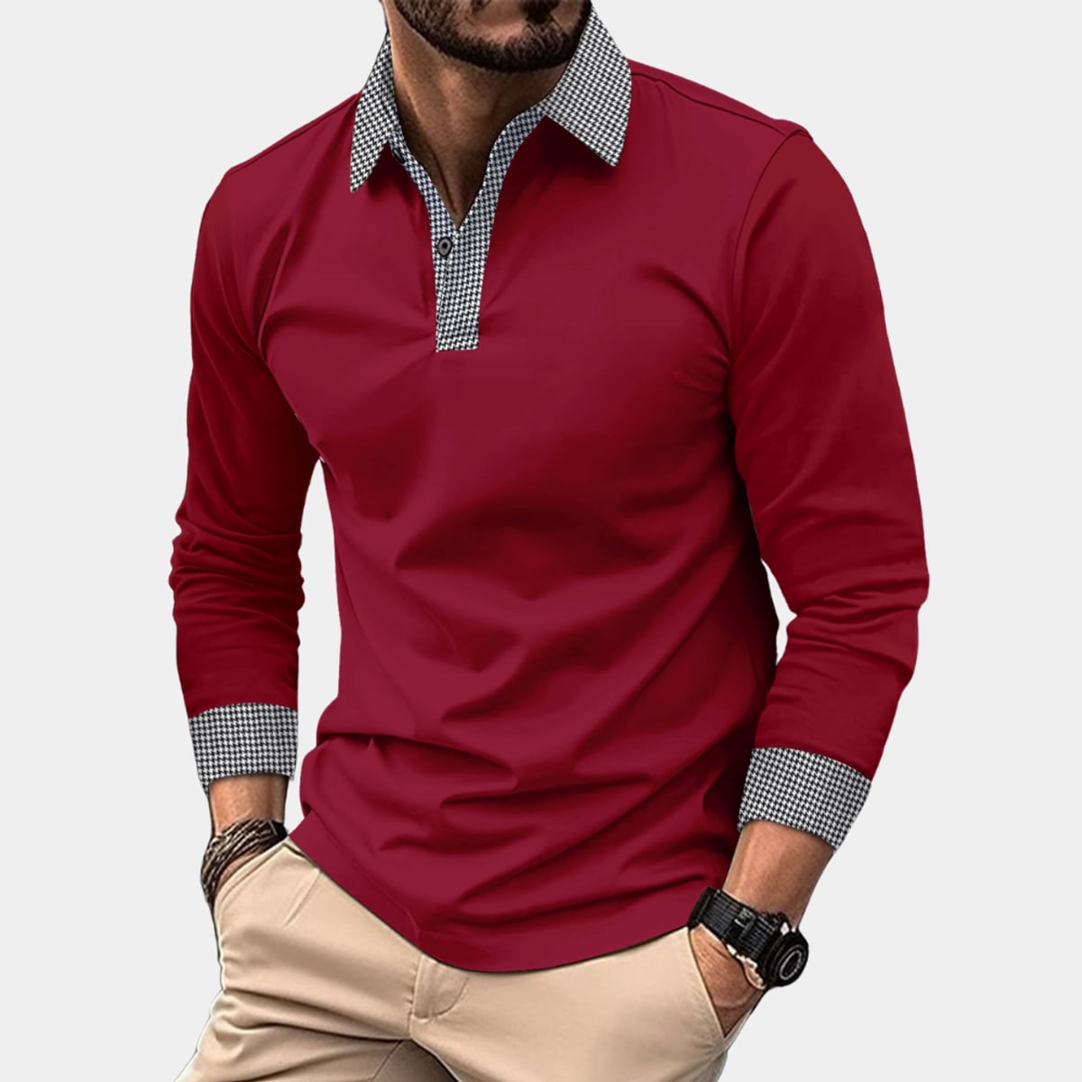 men's long sleeve casual polo shirt in burgundy