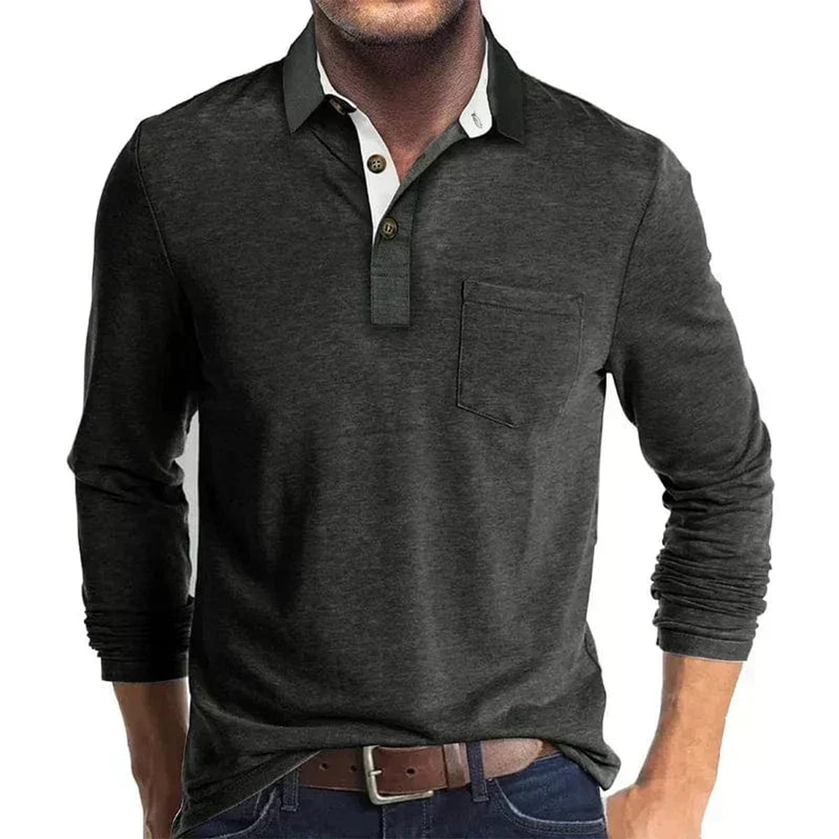 men's long sleeve pocket polo shirt in dark gray
