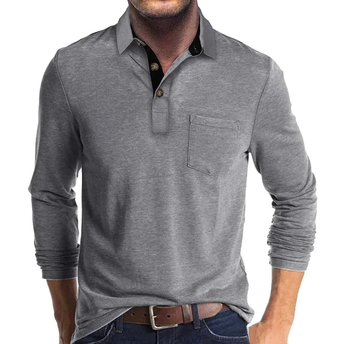 men's long sleeve pocket polo shirt in light gray