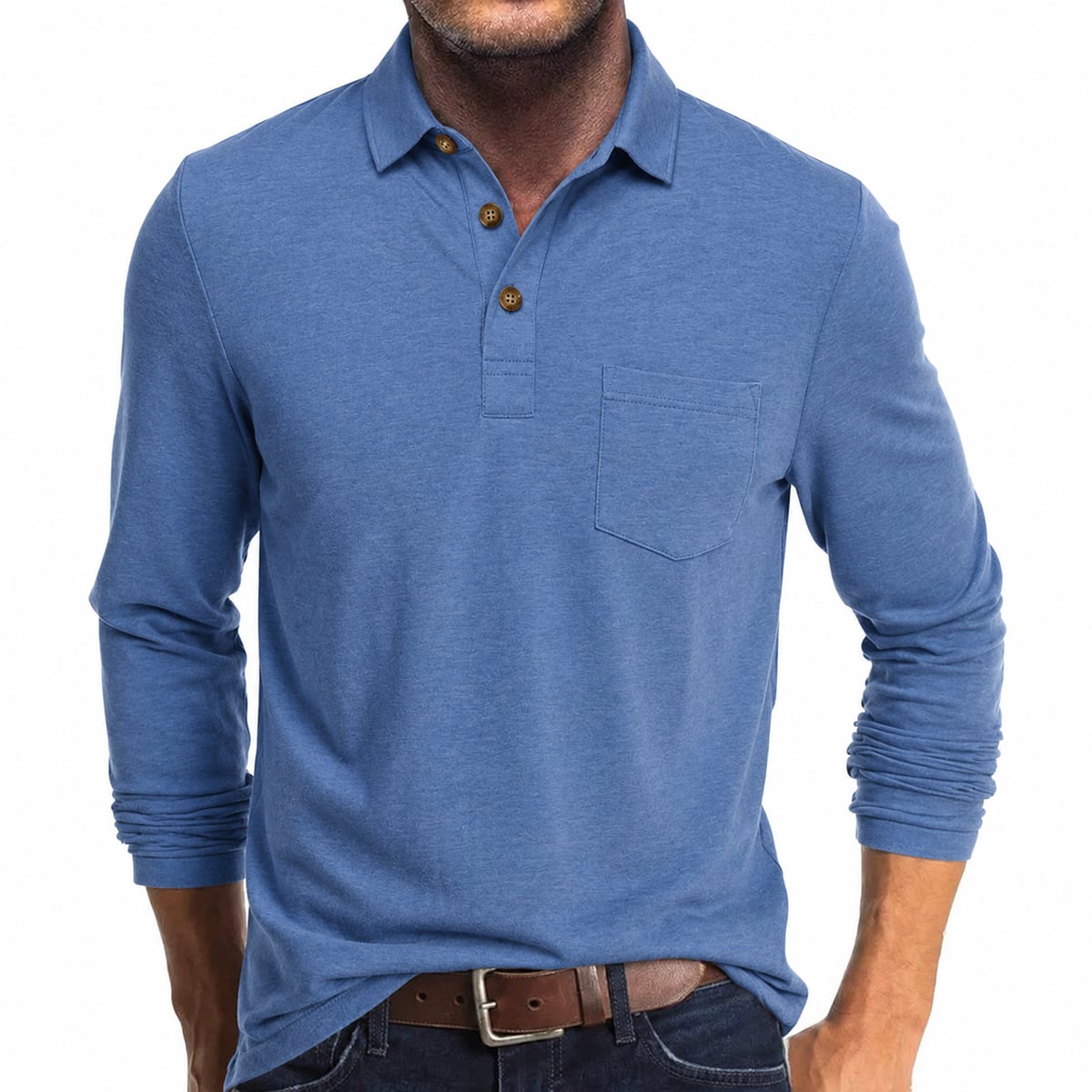 men's long sleeve pocket polo shirt in light blue