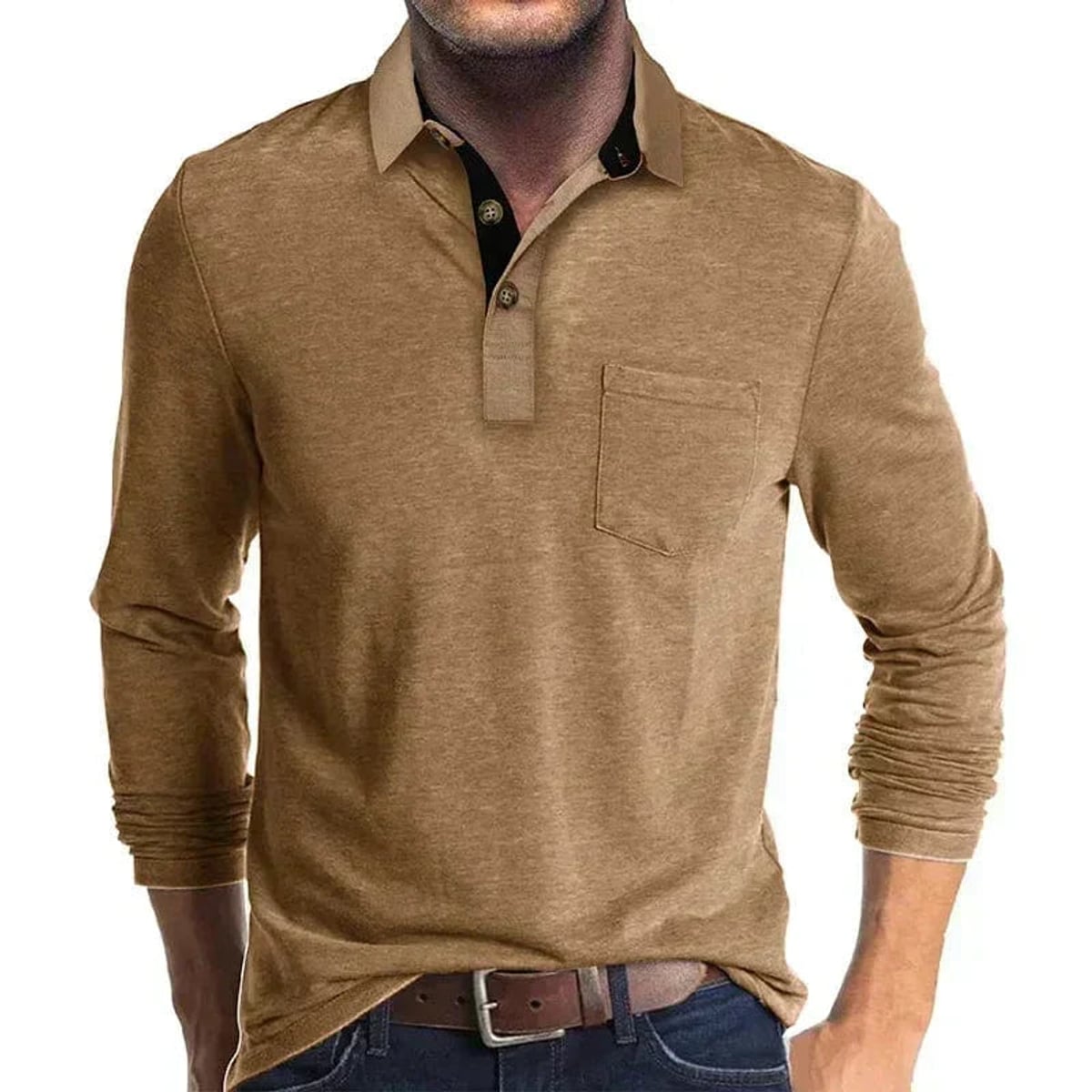 men's long sleeve pocket polo shirt in brown