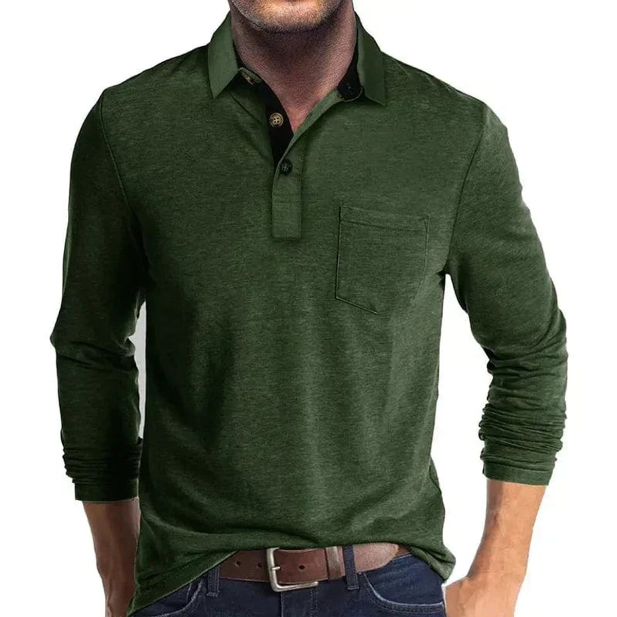men's long sleeve pocket polo shirt in dark green