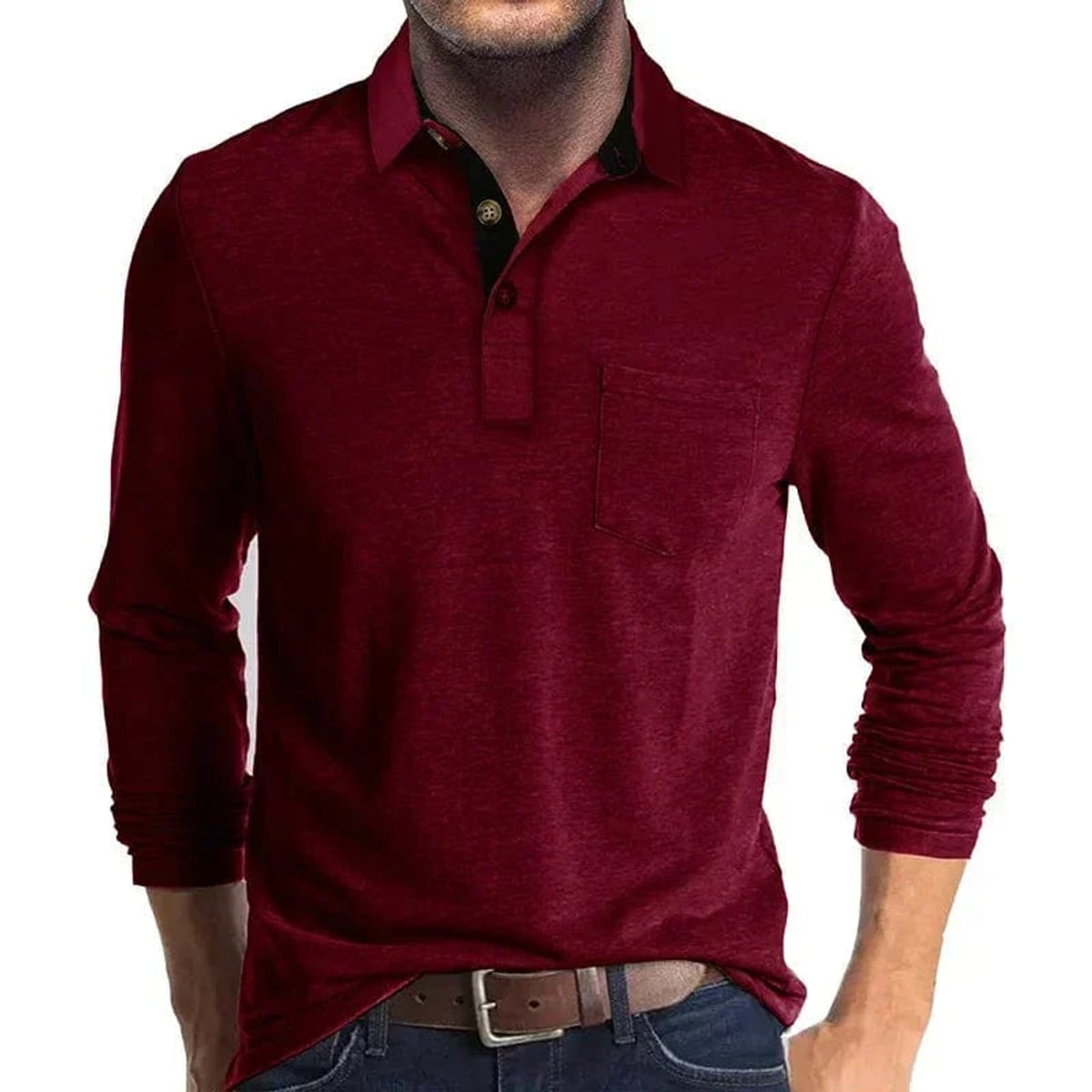 men's long sleeve pocket polo shirt in red
