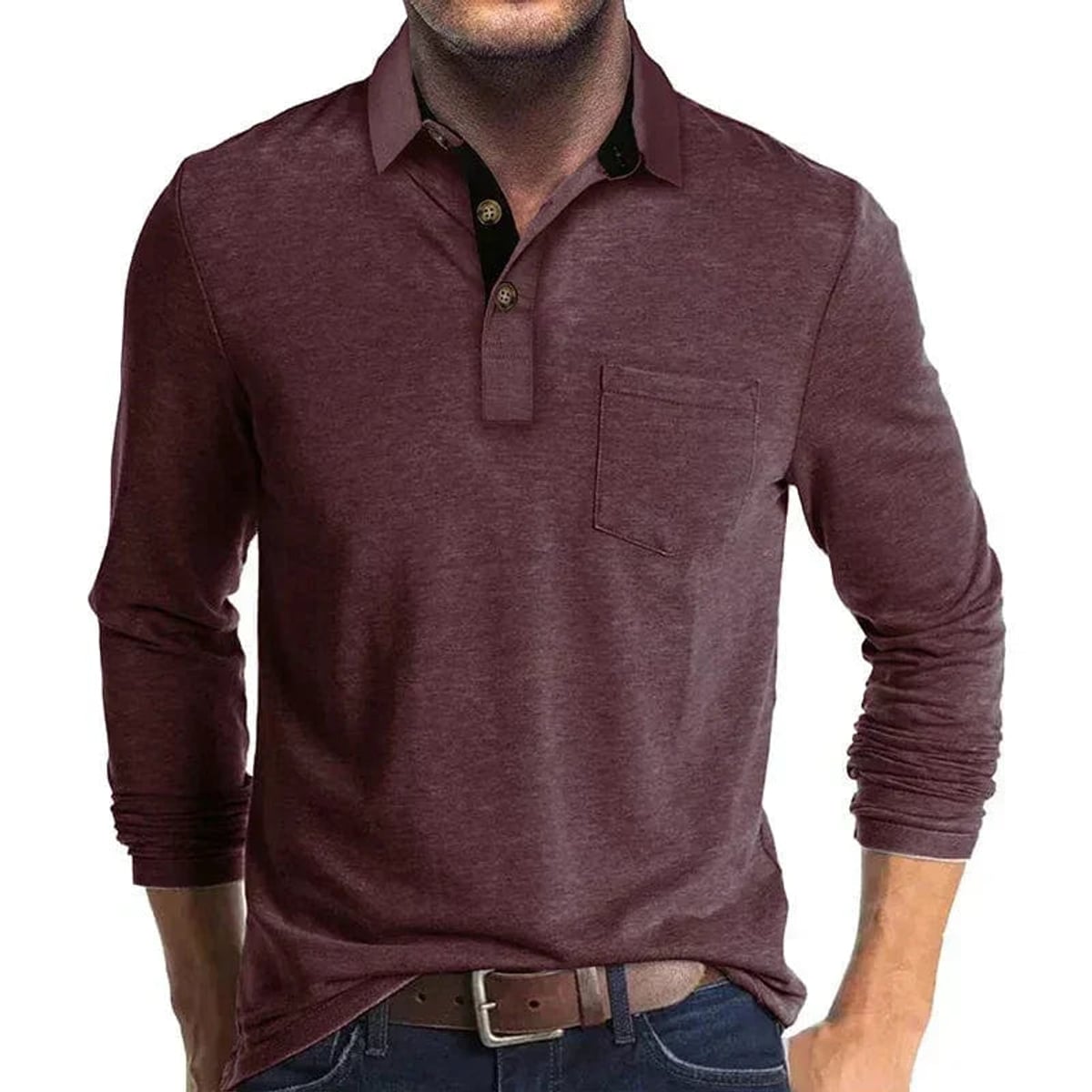 men's long sleeve pocket polo shirt in dark red