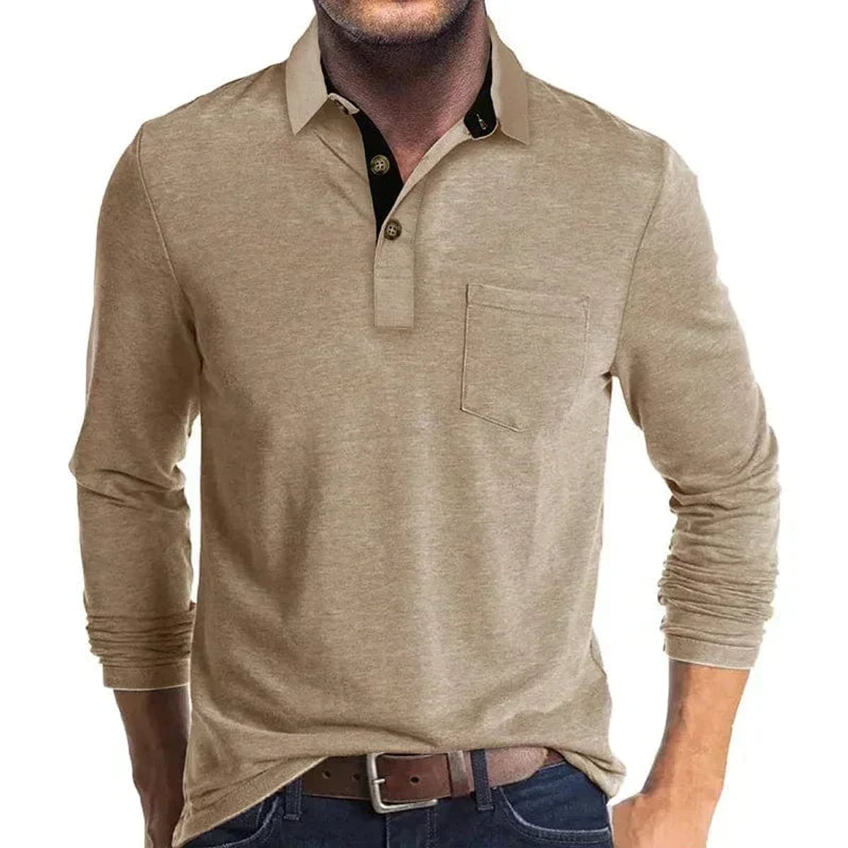 men's long sleeve pocket polo shirt in khaki